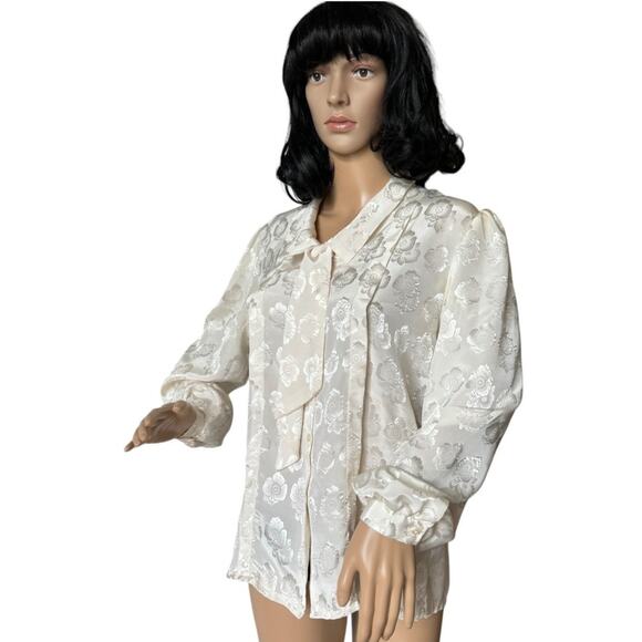 Vintage JOZELL Puff Sleeve 80's cream floral print blouse with necktie size 9/10 - Picture 4 of 16